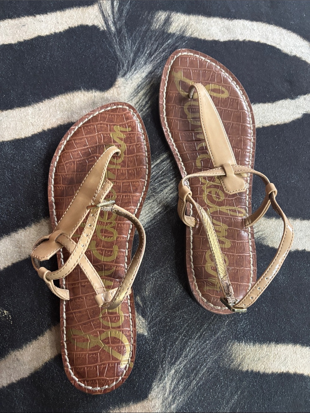 Sam Edelman Tan and Brown Croc-Embossed T-Strap Sandals